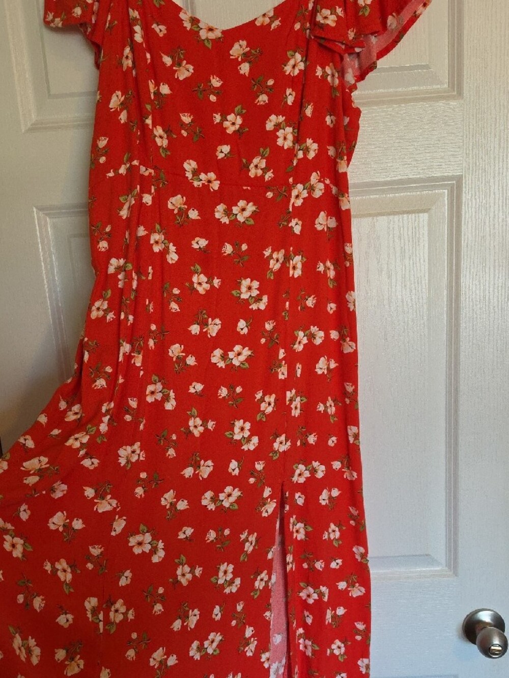 Old Navy Red Floral Midi Dress with Flutter Sleeves